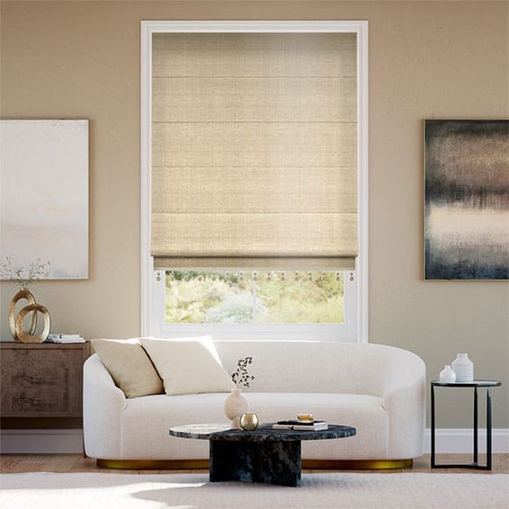 Dupioni Faux Silk Flax & Saffron  Trimmed Roman Blind