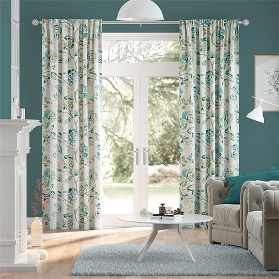 Floral Ink Linen Vintage Teal Curtains