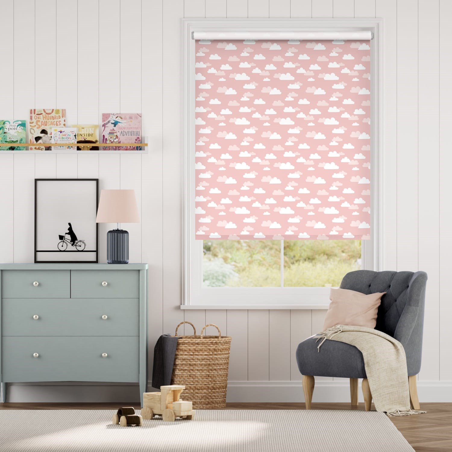 Fluffy Clouds Blackout Pink Roller Blind