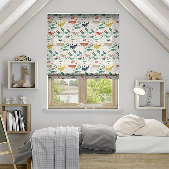 Hygge Birds Vintage Linen Reef Blue Roman Blind