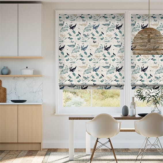 Hygge Birds Vintage Linen Pastoral Blue Roman Blind