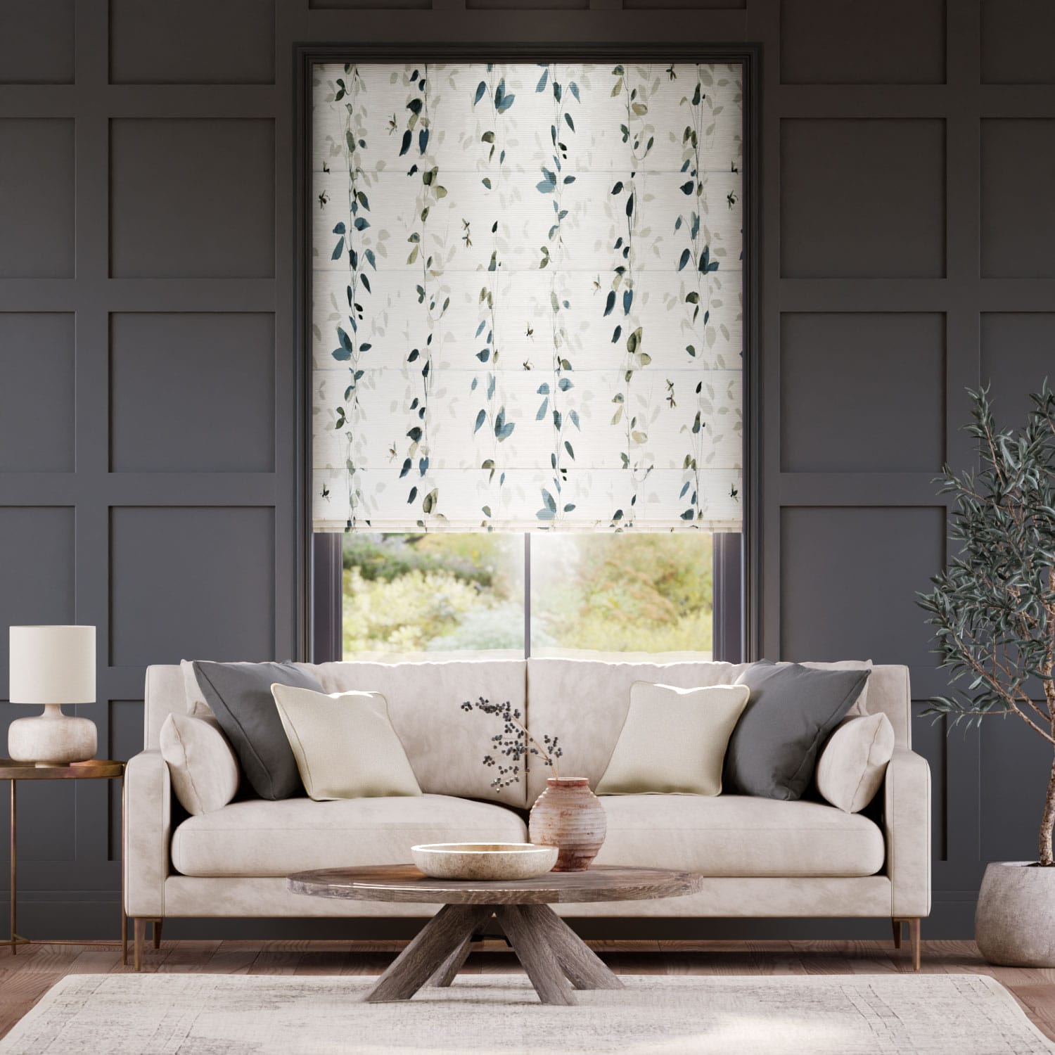 Secret Garden Faux Silk Inky Blue Roman Blind