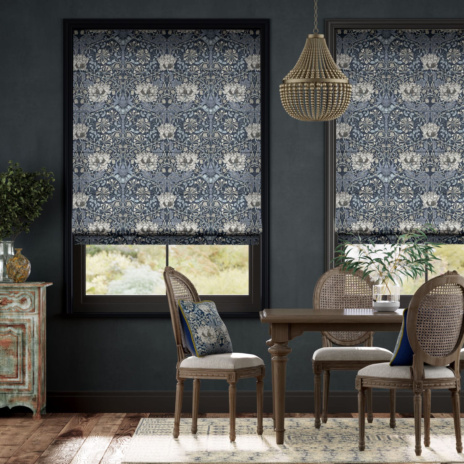 William Morris Honeysuckle and Tulip Velvet Grey Blue Roman Blind